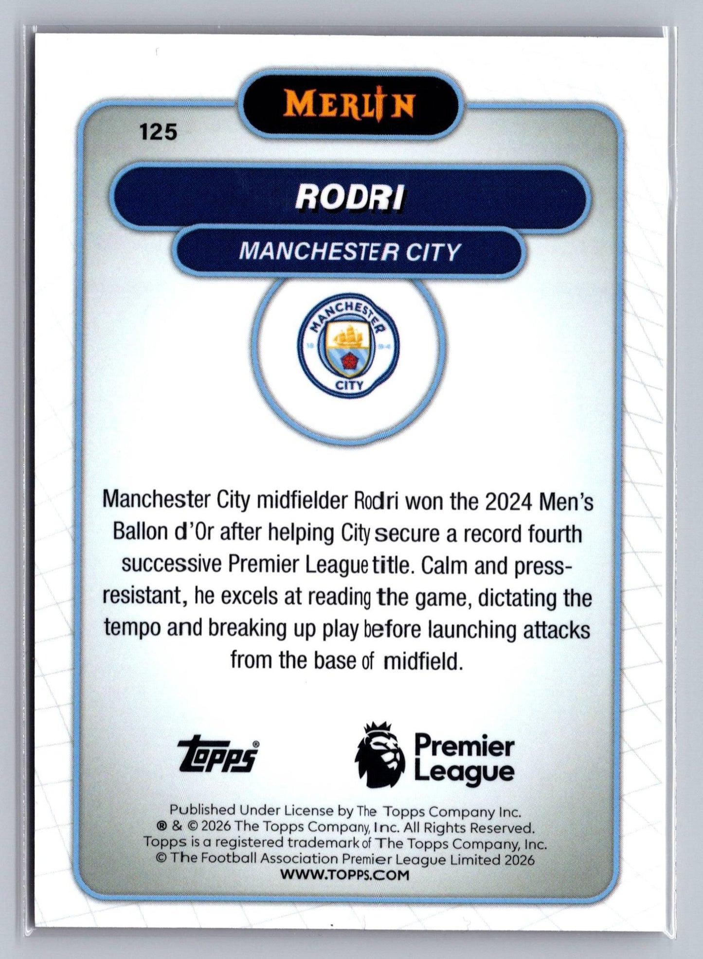 2026 Merlin Premier League #125 Rodri Pink Refractor #/250