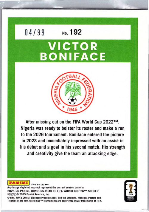 2025-26 Donruss Road to FIFA World Cup #192 Victor Boniface Optic Orange #/99