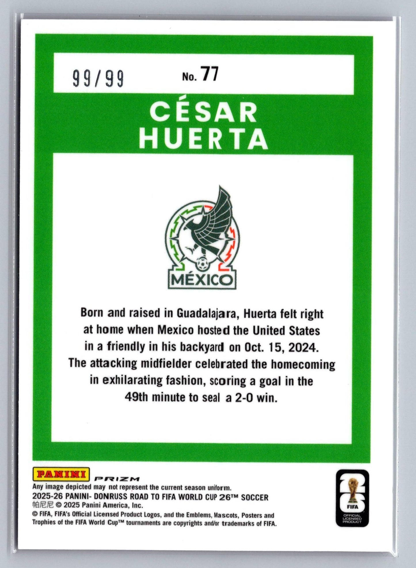 2025-26 Donruss Road to FIFA World Cup #77 Cesar Huerta Optic Pink Velocity #/99