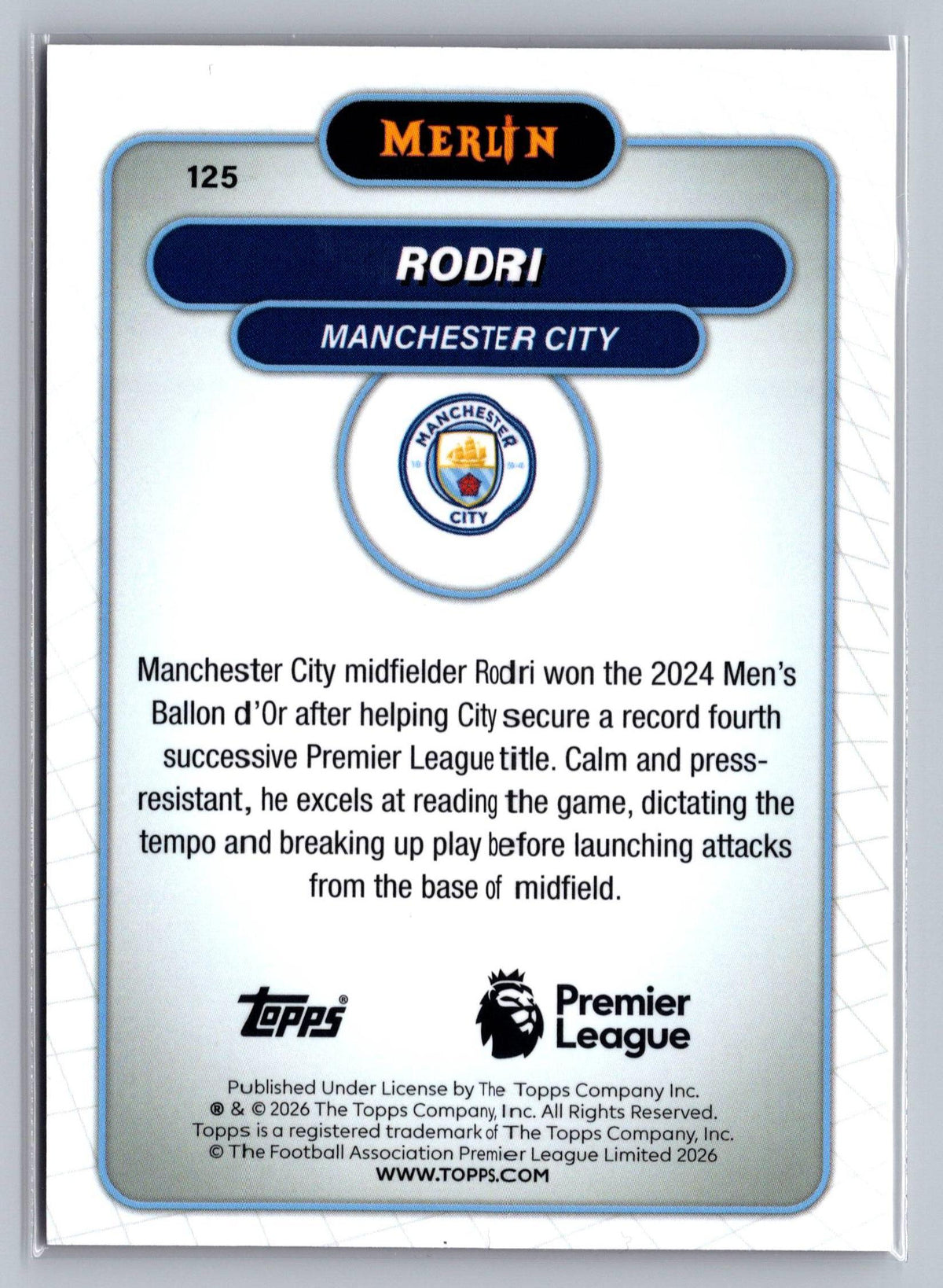 2026 Merlin Premier League #125 Rodri Pink Refractor #/250