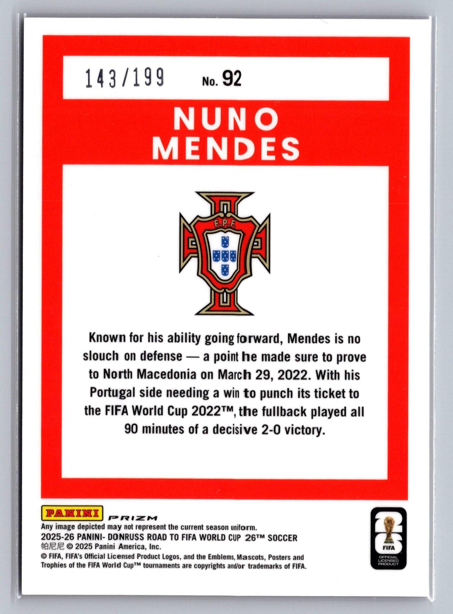 2025-26 Donruss  FIFA World Cup #92 Nuno Mendes Optic Orange Velocity #/199