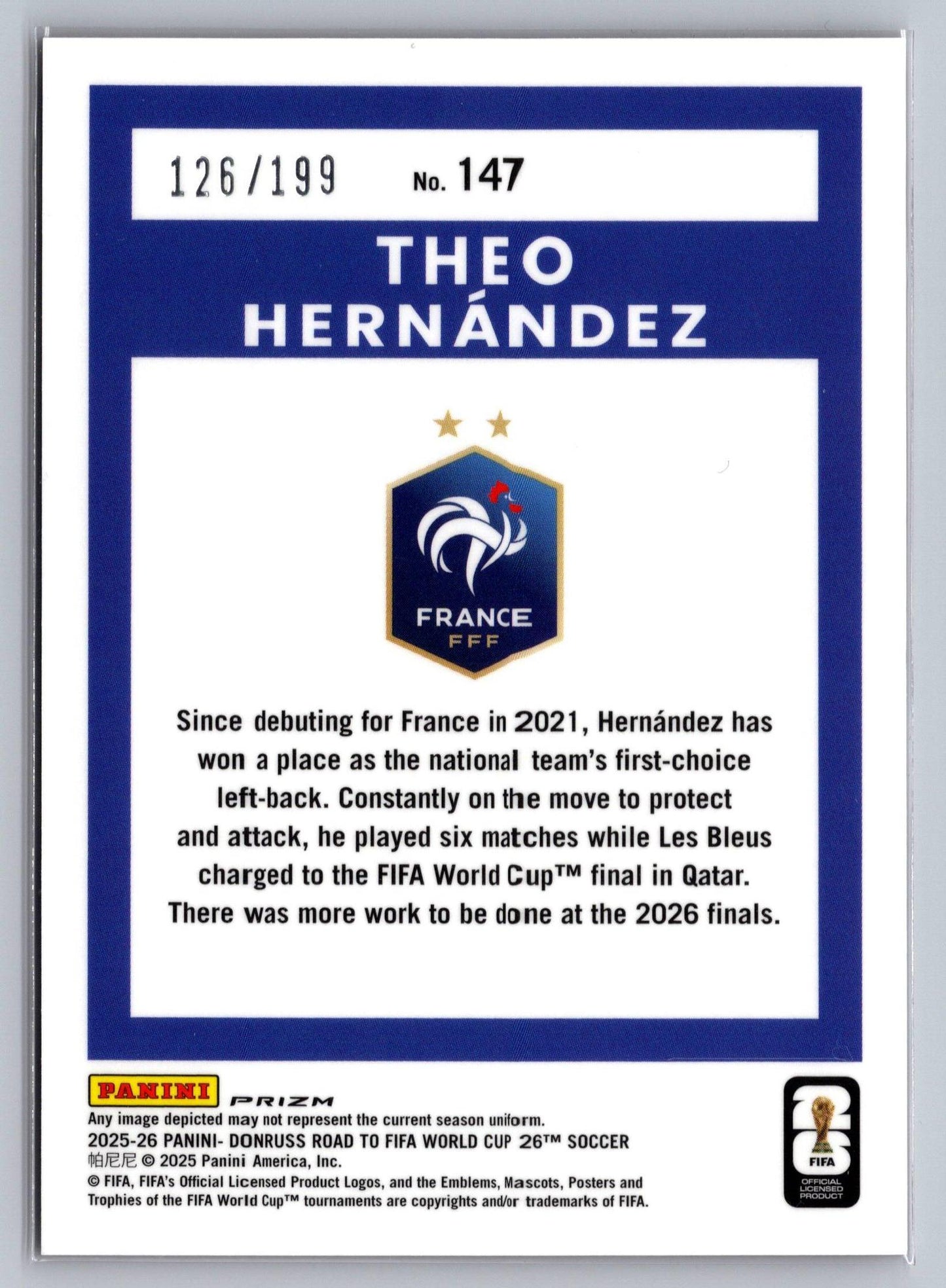 2025-26 Donruss Road to FIFA World Cup #147 Theo Hernandez Optic Red #/199