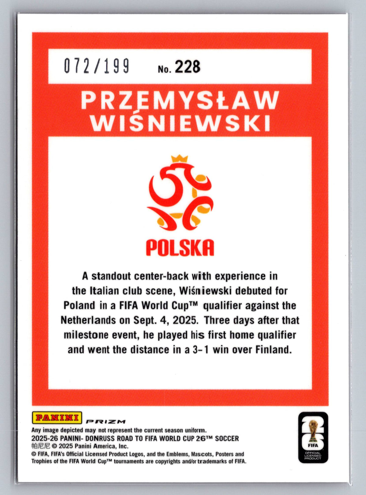 2025-26 Donruss FIFA World Cup #228 Przemyslaw Wisniewski Optic Orange  #/199